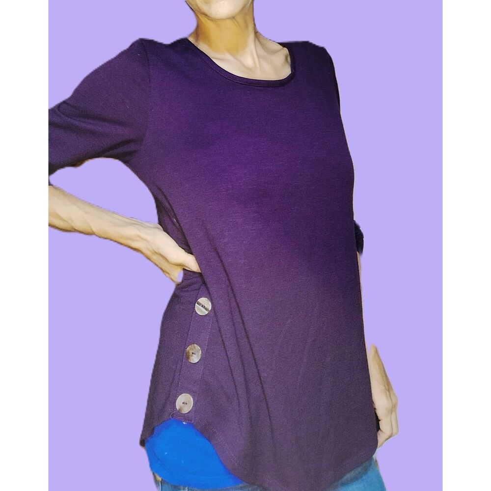 Fortune + Ivy ~ Dark Purple Long Sleeve Top ~ Wood Button Detail ~ Medium